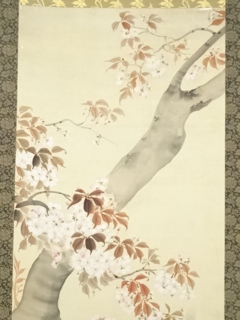 道具 ] - 道具 大正～昭和頃 玉桂女史筆 桜花鳥図 肉筆絹本掛軸